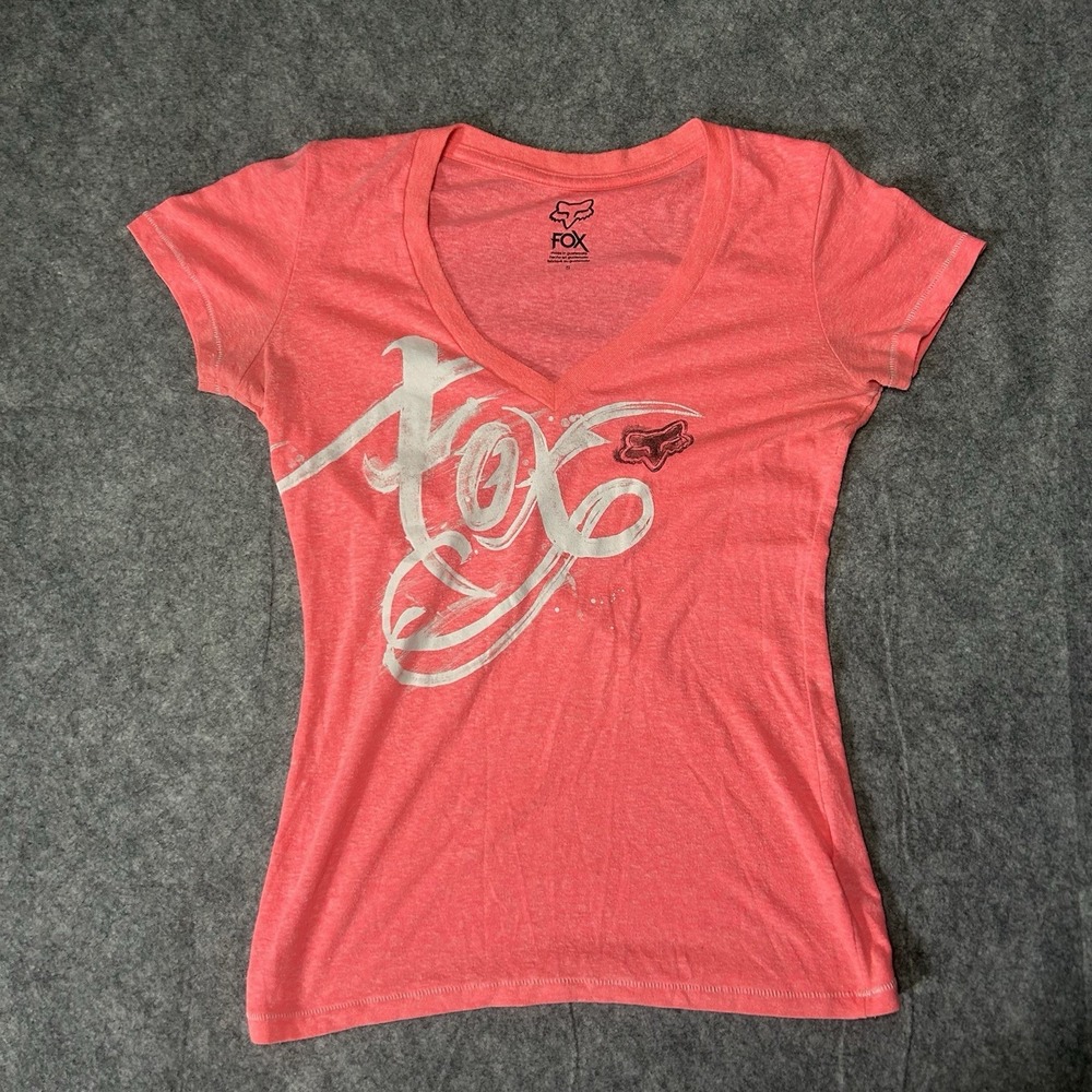Fox Racing Women's Small Pink V Neck Graphic T Shirt  Y2k